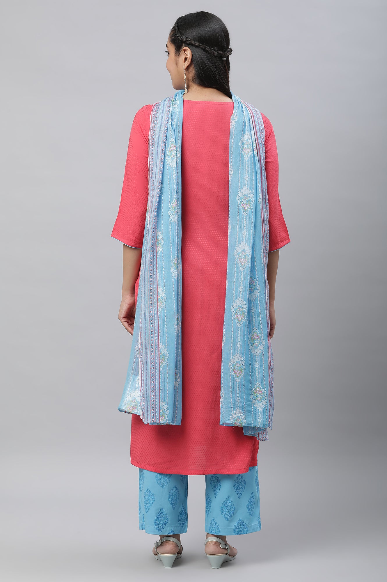 Pink Embroidered Kurta, Narrow Palazzo and Dupatta Set