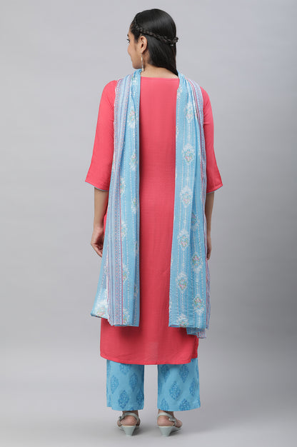 Pink Embroidered Kurta, Narrow Palazzo and Dupatta Set