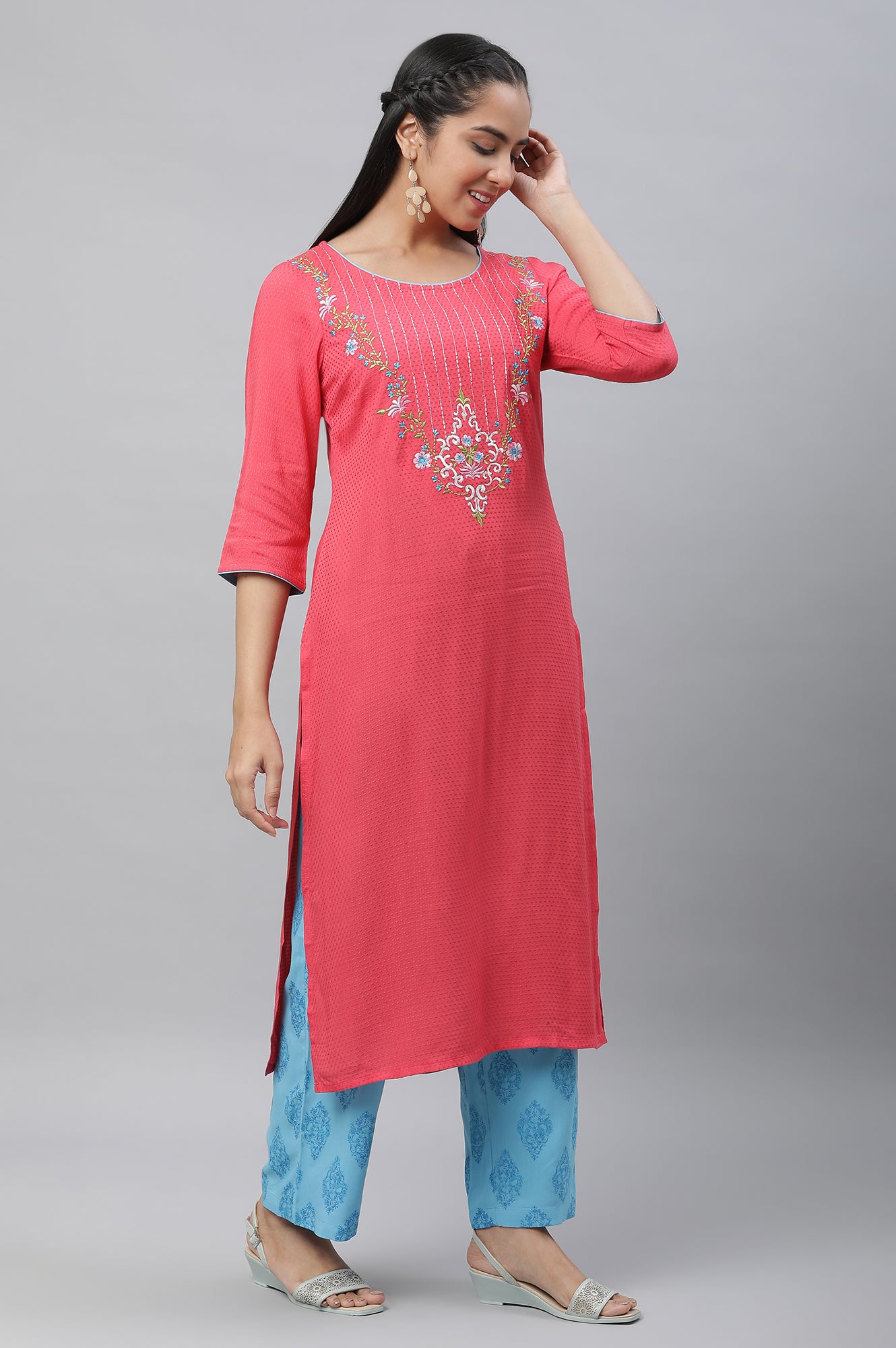 Pink Embroidered Kurta, Narrow Palazzo and Dupatta Set