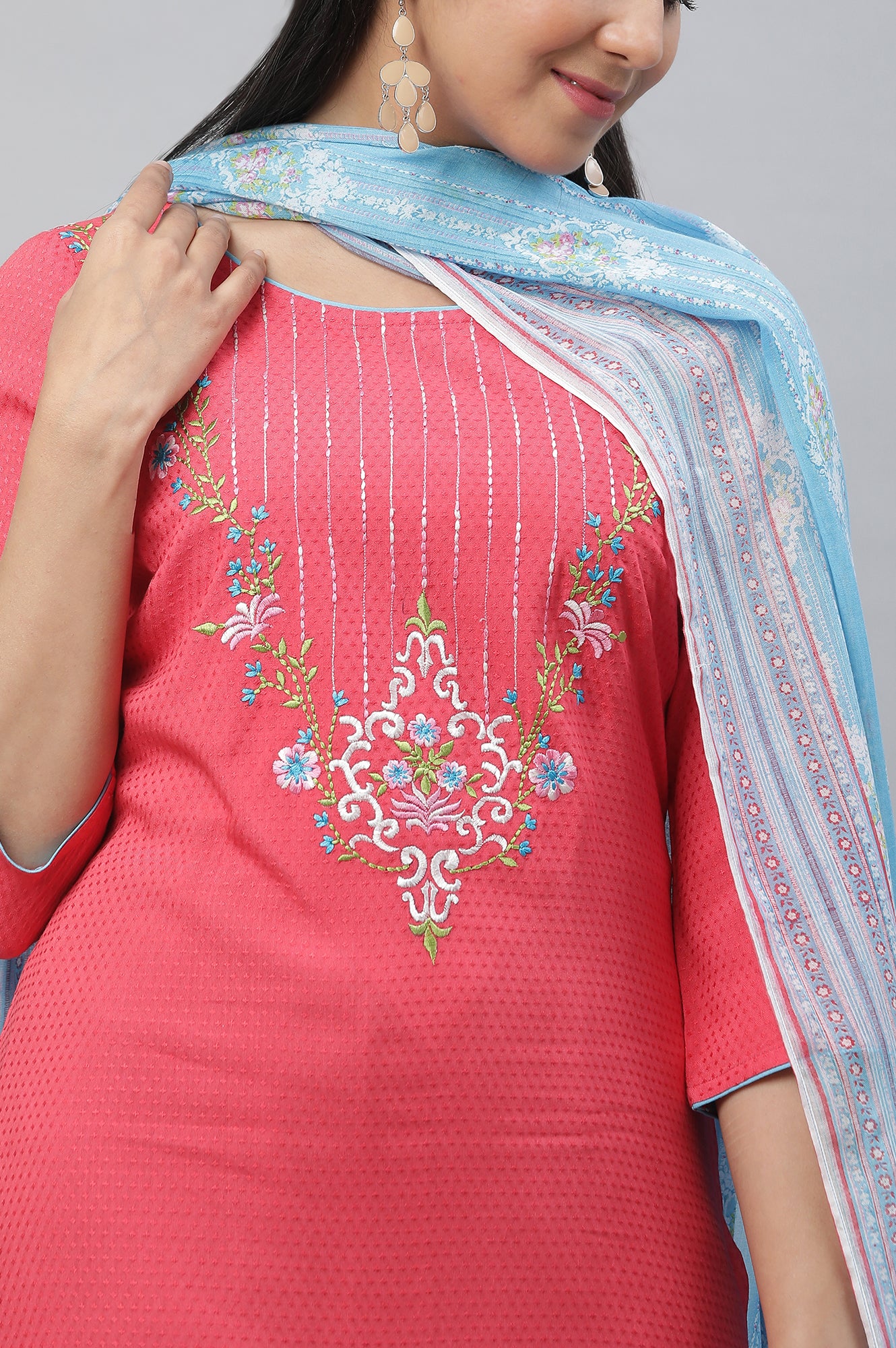 Pink Embroidered Kurta, Narrow Palazzo and Dupatta Set