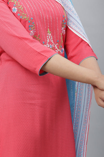 Pink Embroidered Kurta, Narrow Palazzo and Dupatta Set