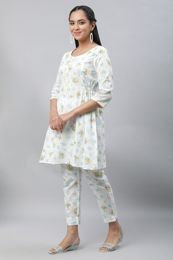 White Textured Cotton Kurta and Pants Co-ord Set