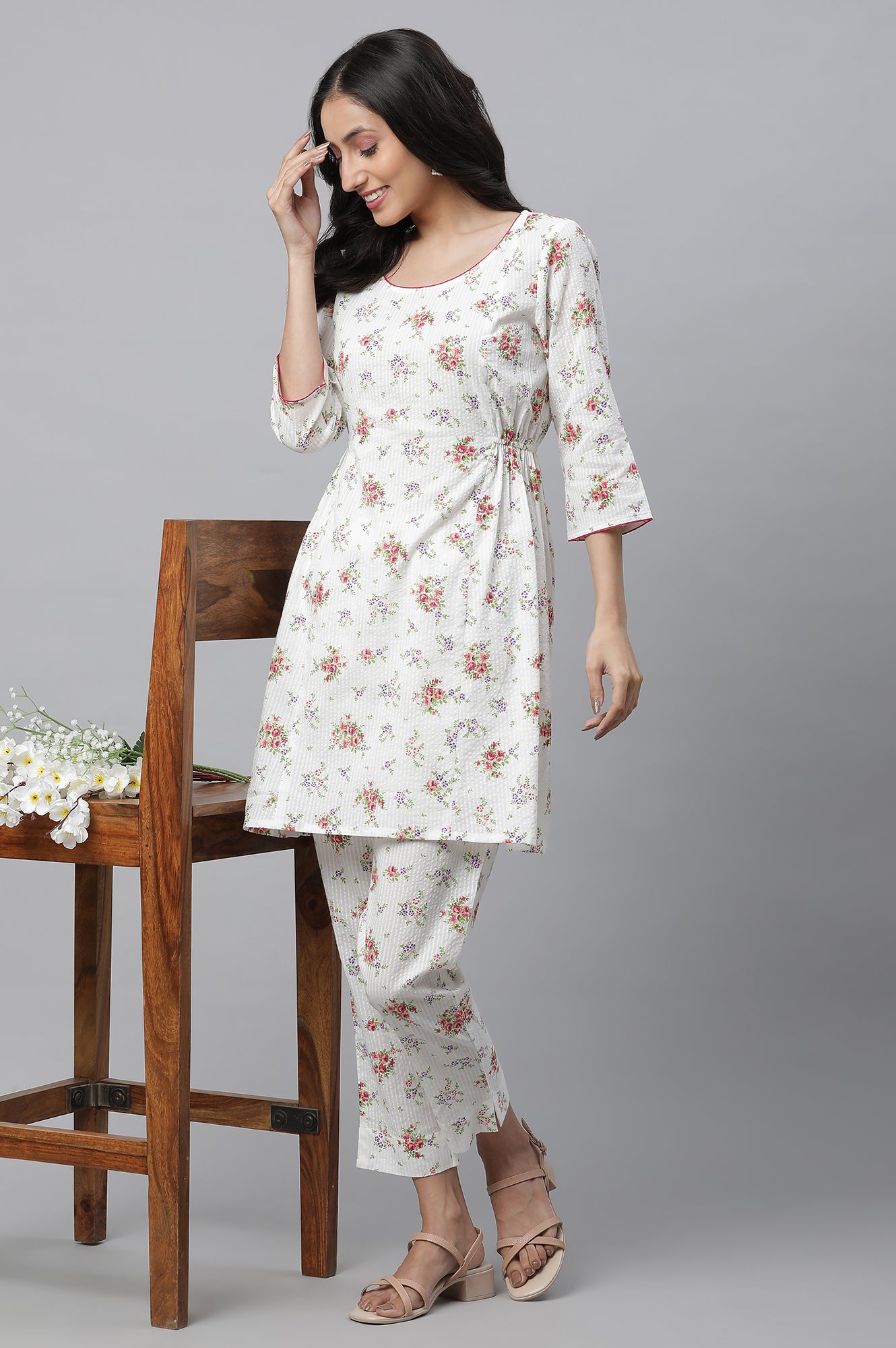 White Seer Sucker Kurta &amp; Pants Co-ord Set