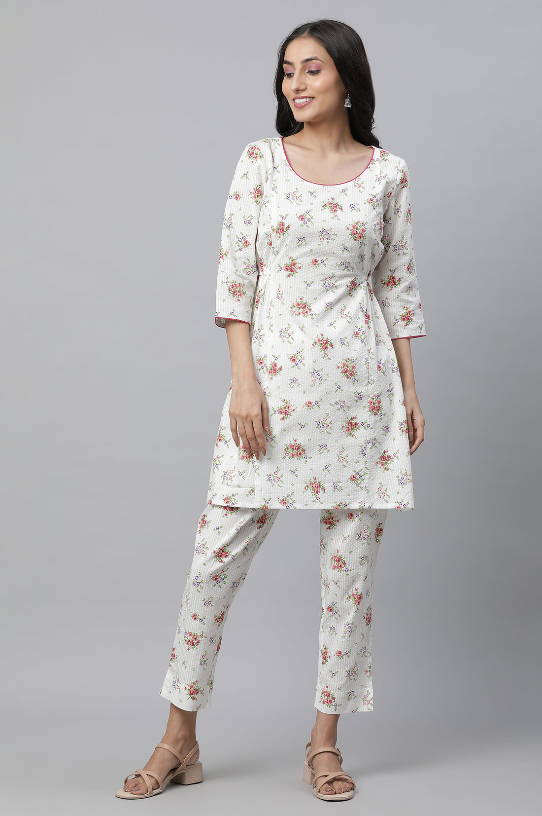 White Textured Cotton Kurta and Pants Co-ord Set