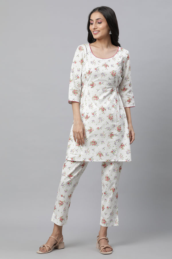 White Textured Cotton Kurta and Pants Co-ord Set