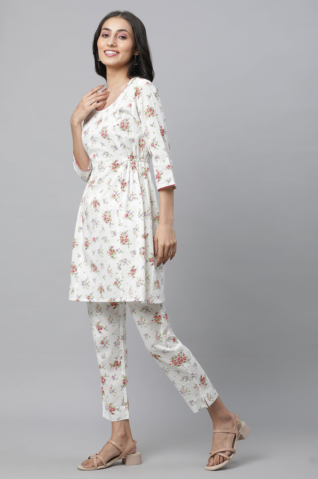 White Textured Cotton Kurta and Pants Co-ord Set