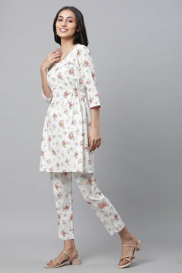 White Textured Cotton Kurta and Pants Co-ord Set