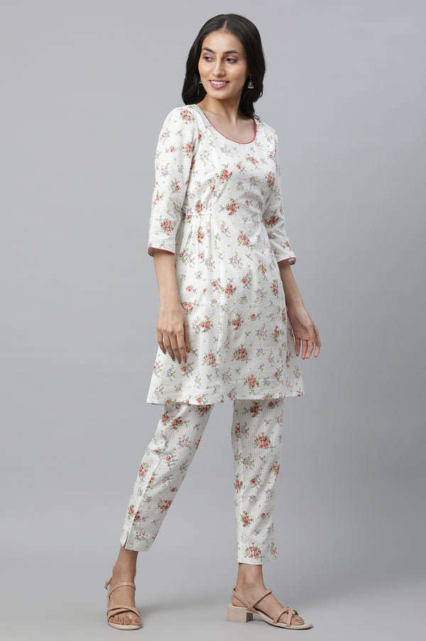 White Textured Cotton Kurta and Pants Co-ord Set