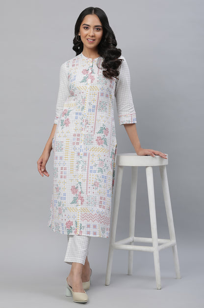 White Floral Printed Kurta &amp; Trouser Set