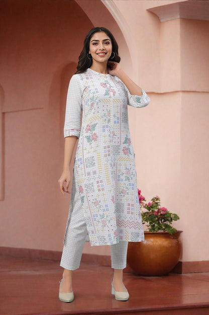 White Floral Printed Kurta &amp; Trouser Set