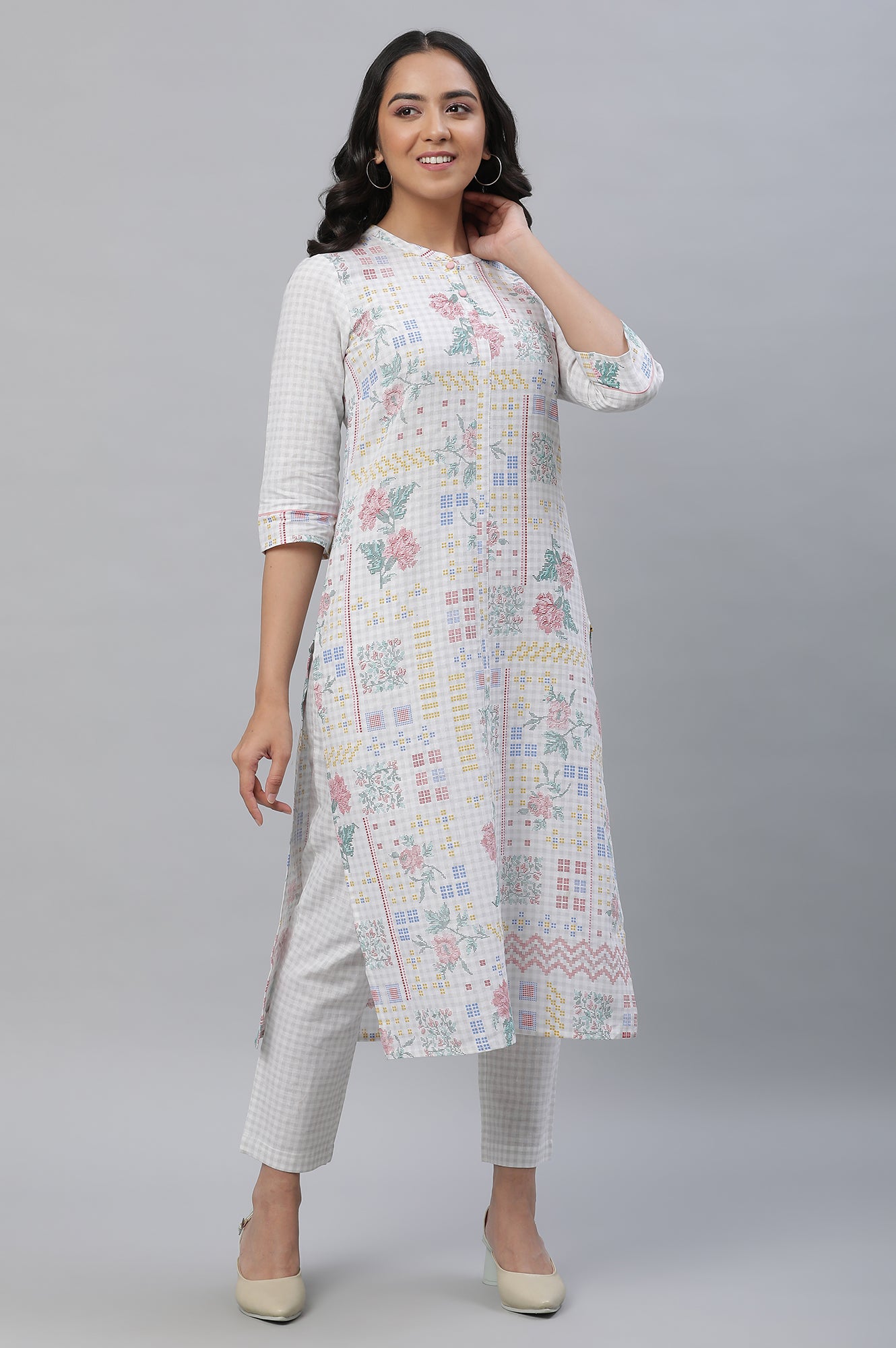 White Floral Printed Kurta & Trouser Set