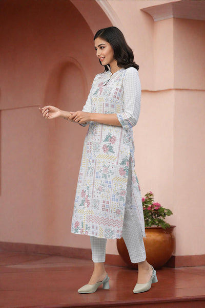White Floral Printed Kurta & Trouser Set