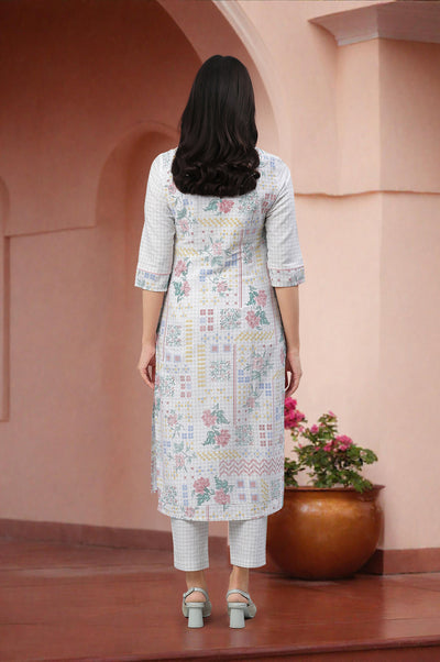 White Floral Printed Kurta & Trouser Set