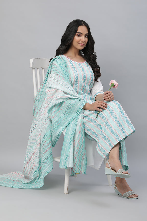 Green Printed Kurta, Pants & Dupatta Set