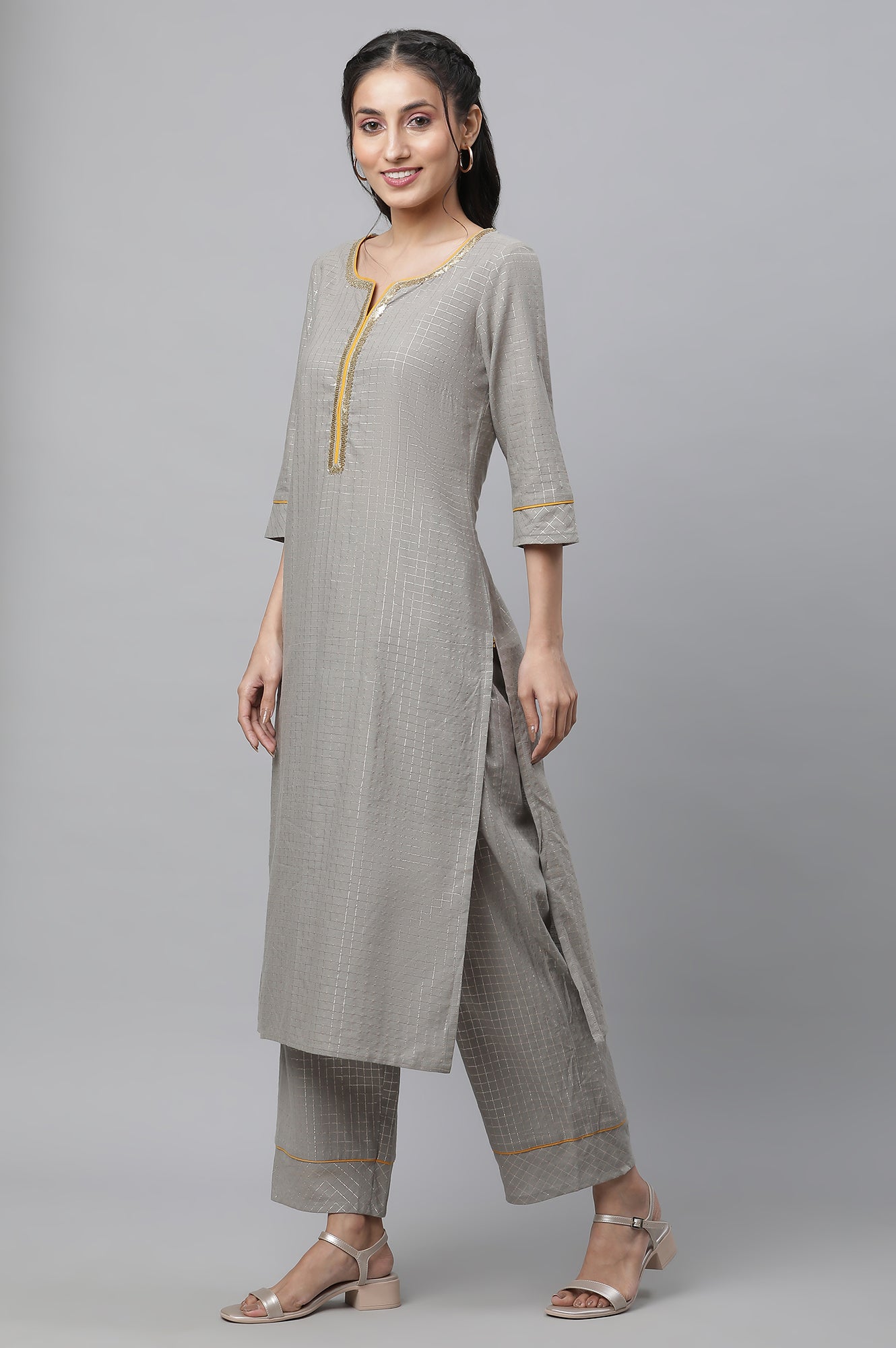 Grey Embellished Kurta, Pants &amp; Dupatta