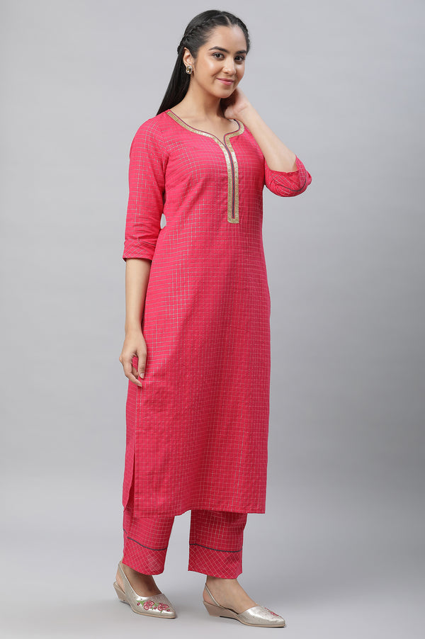 Pink Yarn Dyed Kurta Straight Pants and Grey Dupatta Set