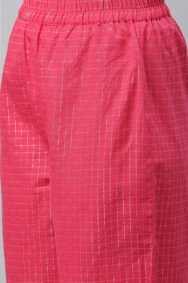 Pink Yarn Dyed Kurta Straight Pants and Grey Dupatta Set