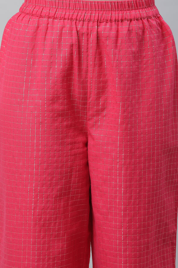 Pink Yarn Dyed Kurta Straight Pants and Grey Dupatta Set