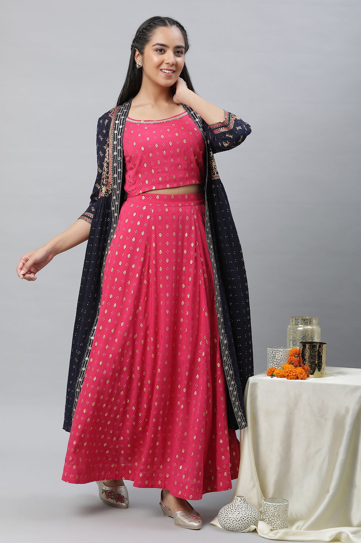 Pink Embellished Crop Top, Blue Gilete and Kalidar Skirt Set - S