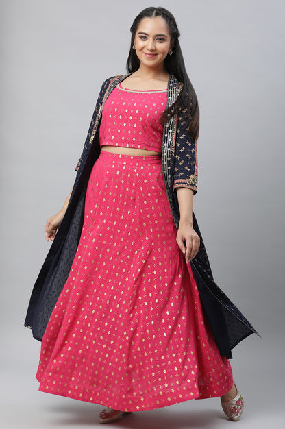 Pink Embellished Crop Top, Blue Gilete and Kalidar Skirt Set