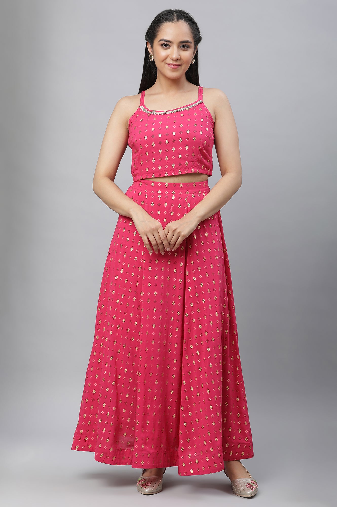 Pink Embellished Crop Top, Blue Gilete and Kalidar Skirt Set