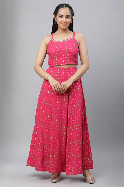 Pink Embellished Crop Top, Blue Gilete and Kalidar Skirt Set