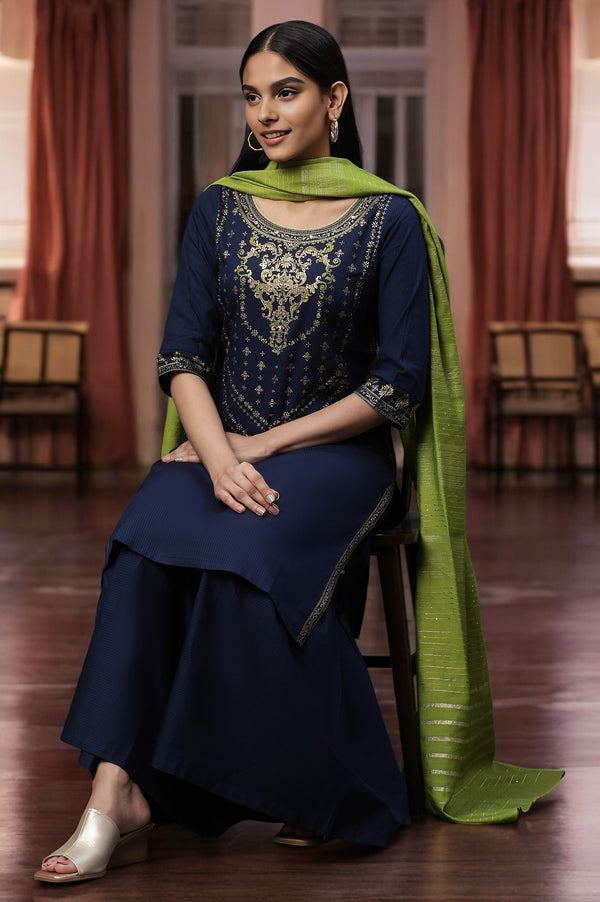 Blue Embellished Short Kurta, Sharara and Dupatta Set
