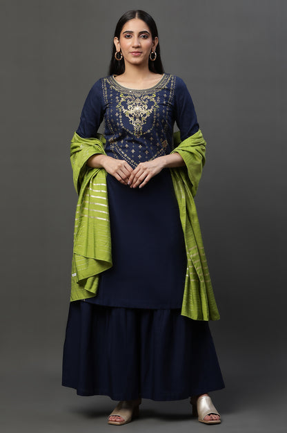 Blue Embellished Short Kurta, Sharara and Dupatta Set