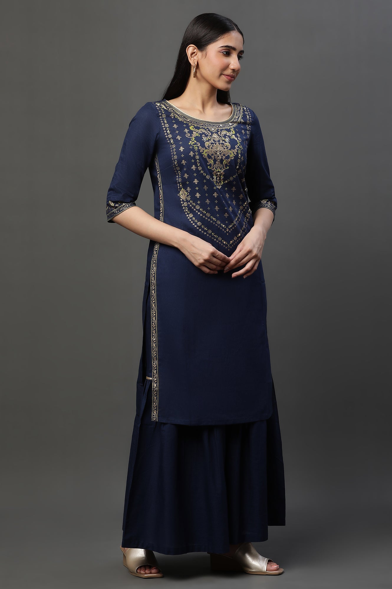 Blue Embellished Short Kurta, Sharara and Dupatta Set