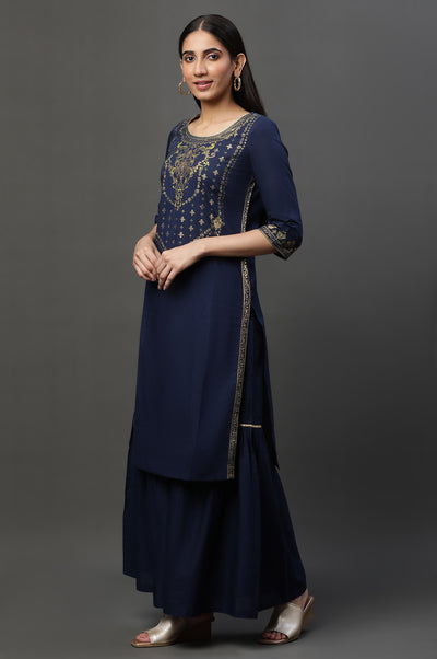Blue Embellished Short Kurta, Sharara and Dupatta Set