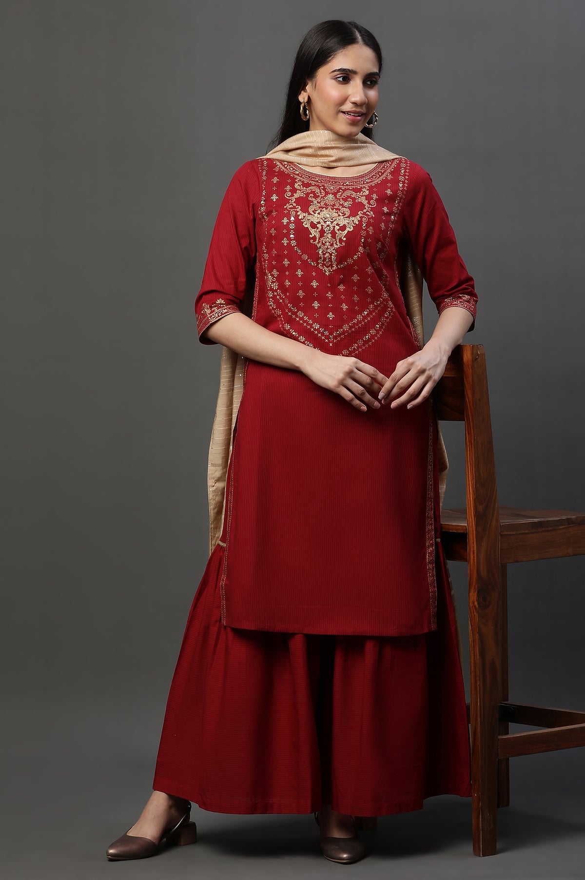 Red Embellished Short Kurta Sharara and Dupatta Set - XS