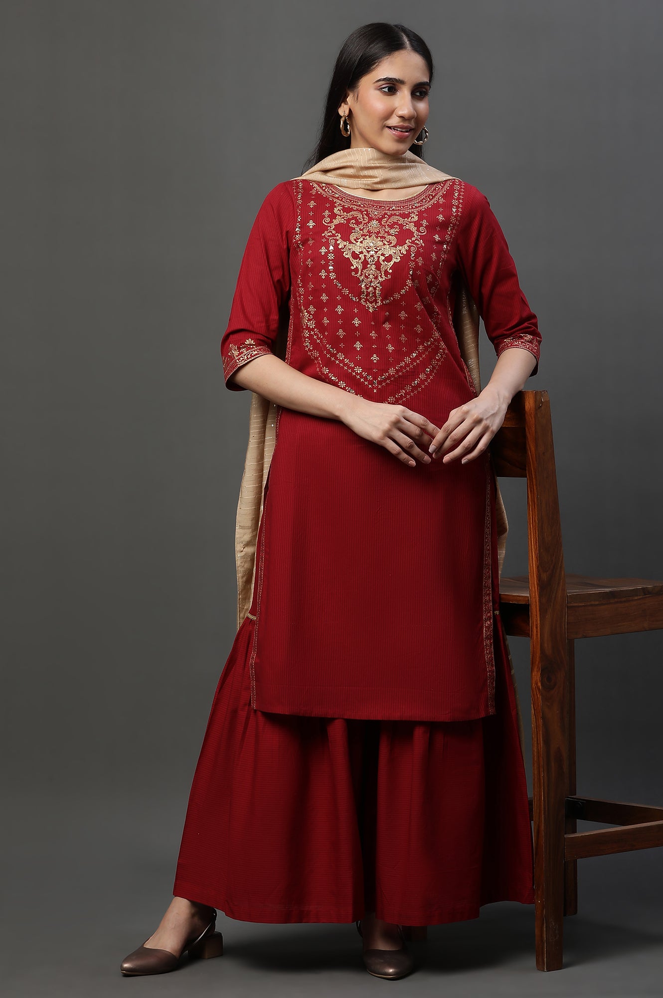 Red Embellished Short Kurta, Sharara and Dupatta Set