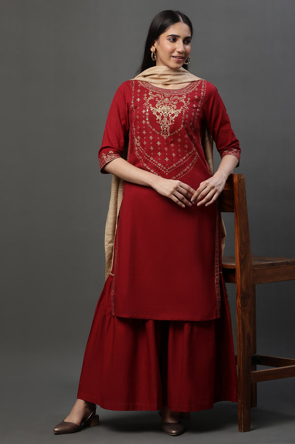 Red Embellished Short Kurta Sharara and Dupatta Set