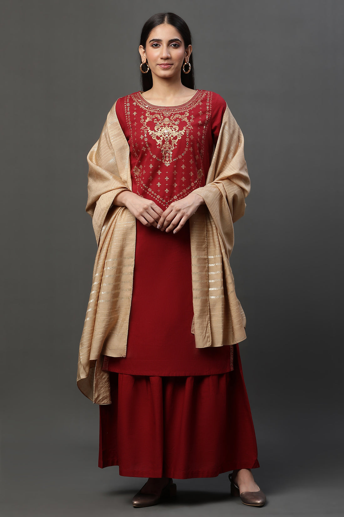 Red Embellished Short Kurta Sharara and Dupatta Set