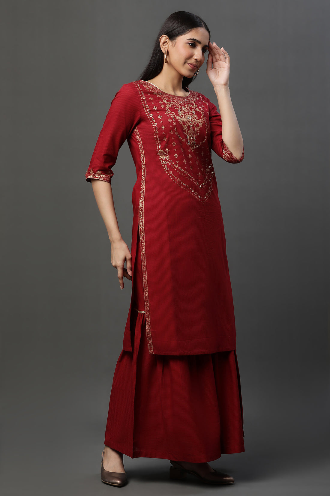 Red Embellished Short Kurta Sharara and Dupatta Set