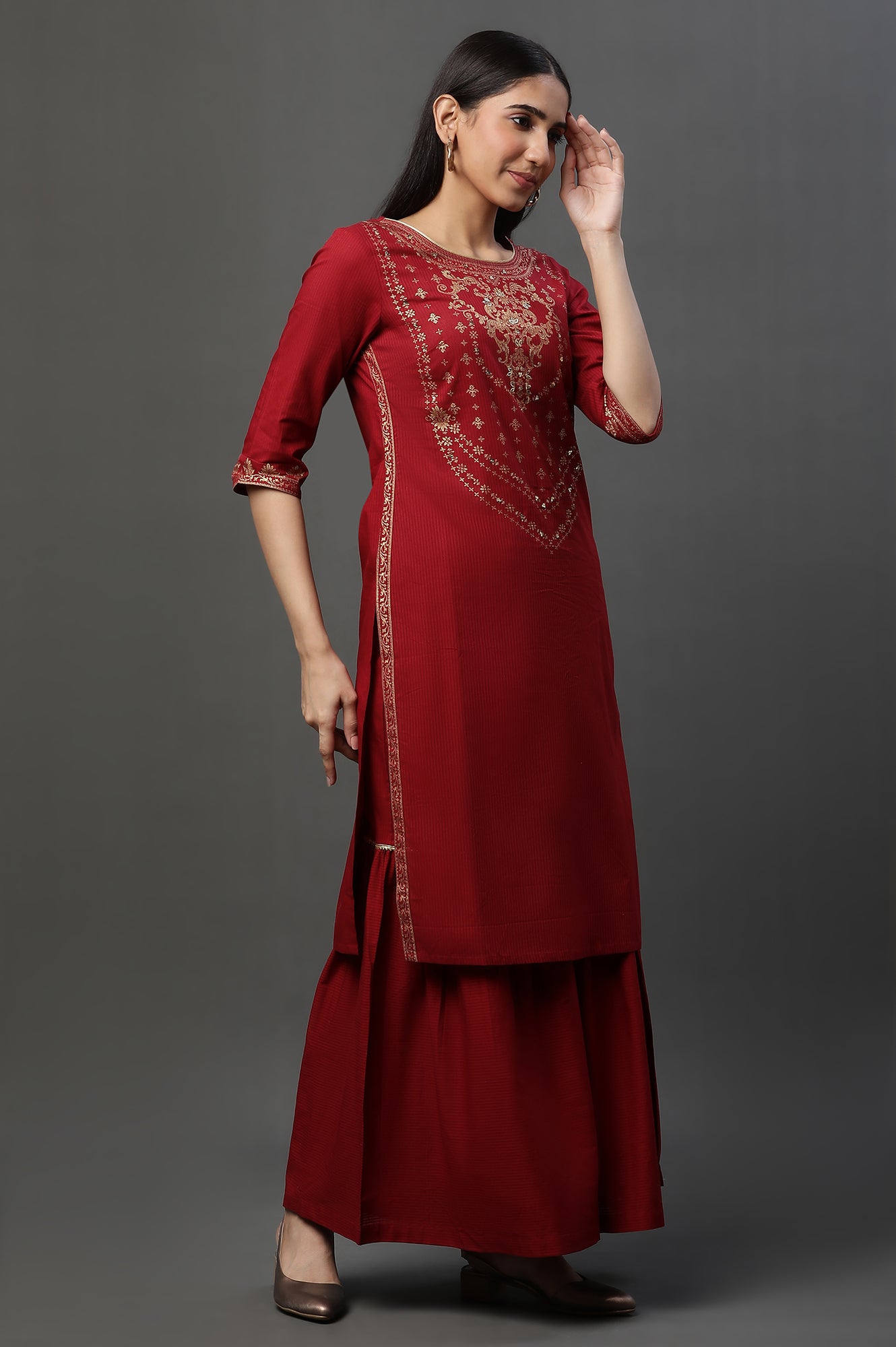 Red Embellished Short Kurta, Sharara and Dupatta Set