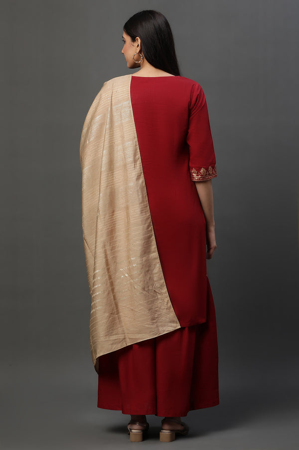 Red Embellished Short Kurta Sharara and Dupatta Set