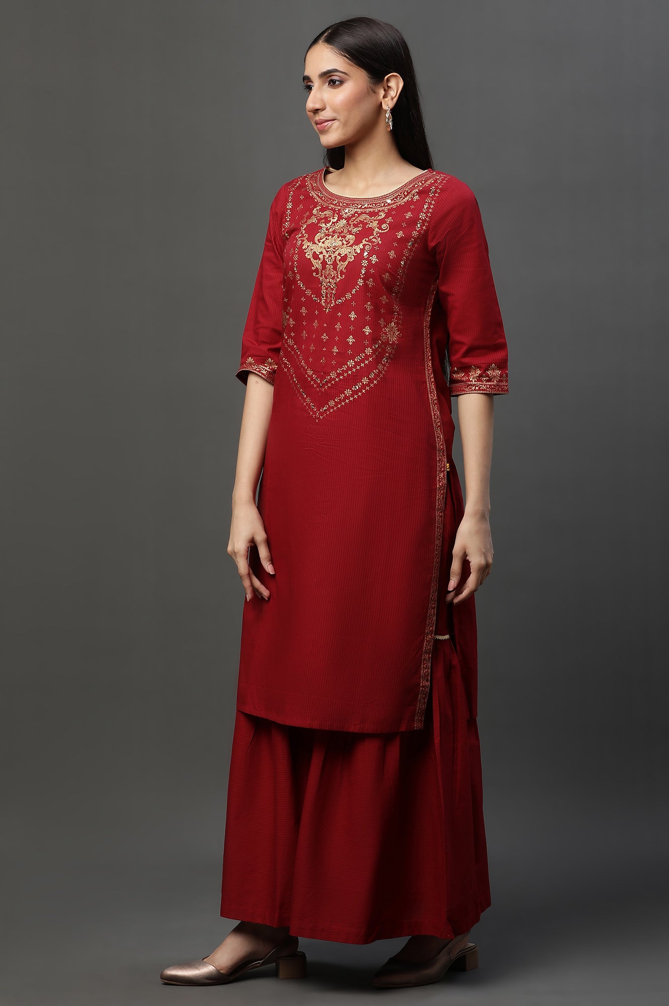 Red Embellished Short Kurta, Sharara and Dupatta Set