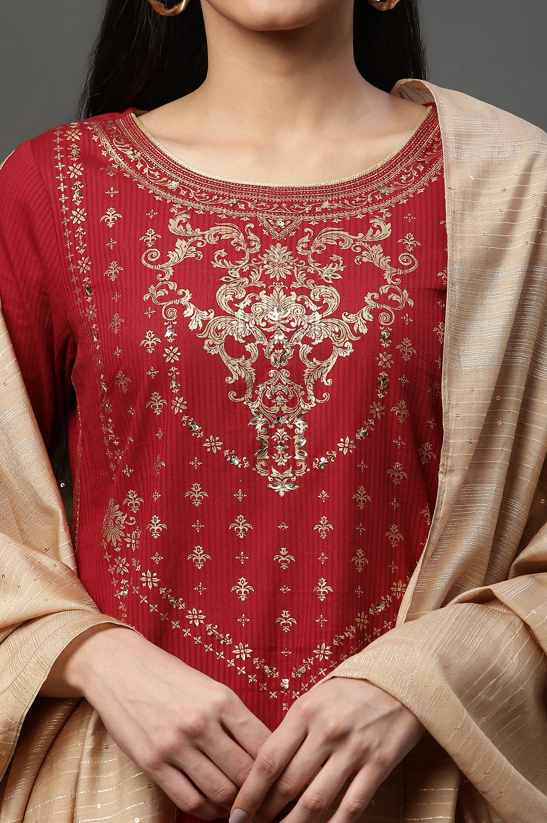 Red Embellished Short Kurta Sharara and Dupatta Set