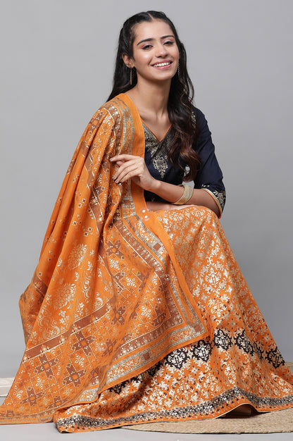 Blue Festive Short Kurta, Orange Crinkle Skirt and Dupatta