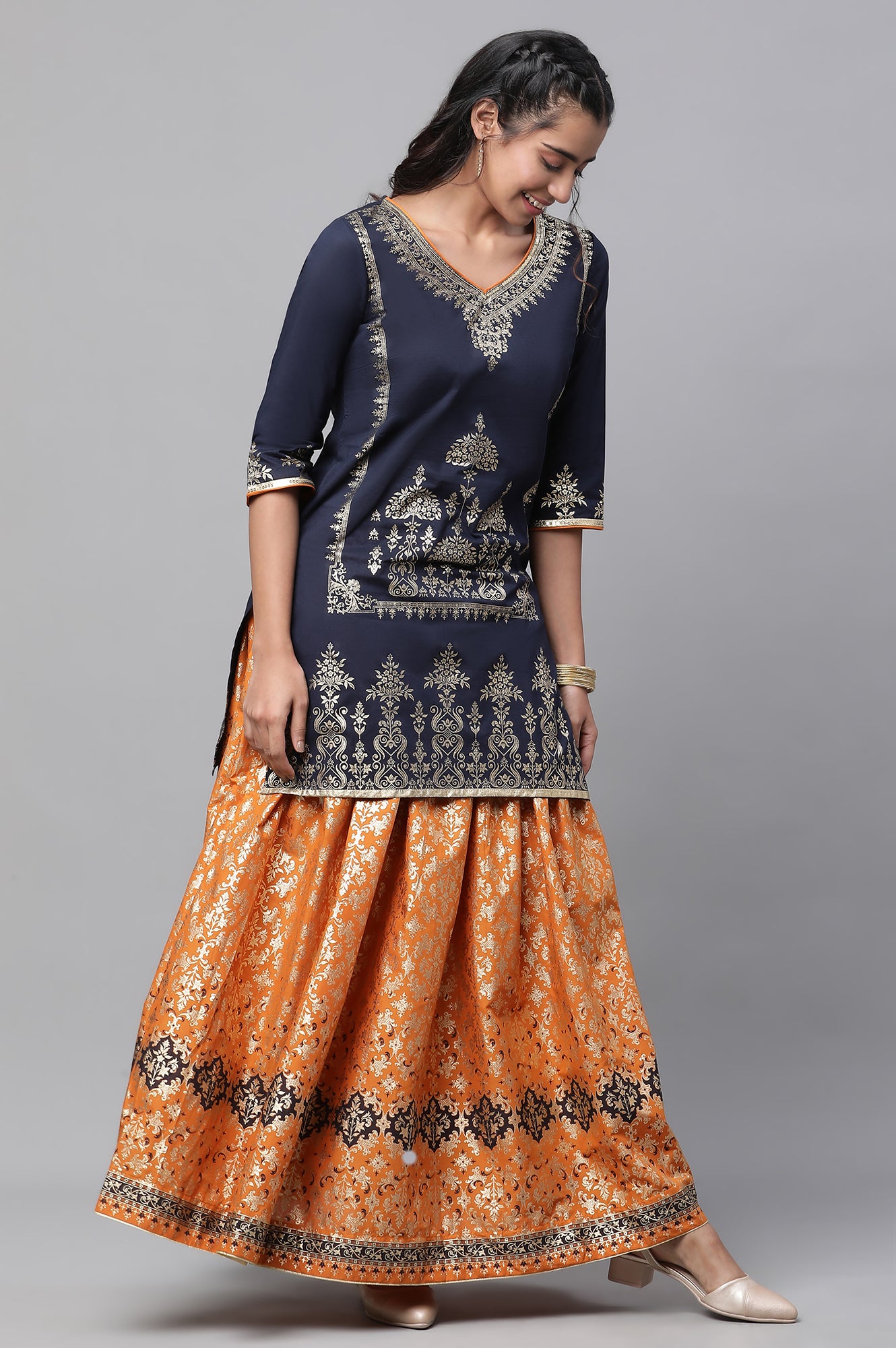 Blue Festive Short Kurta, Orange Crinkle Skirt and Dupatta