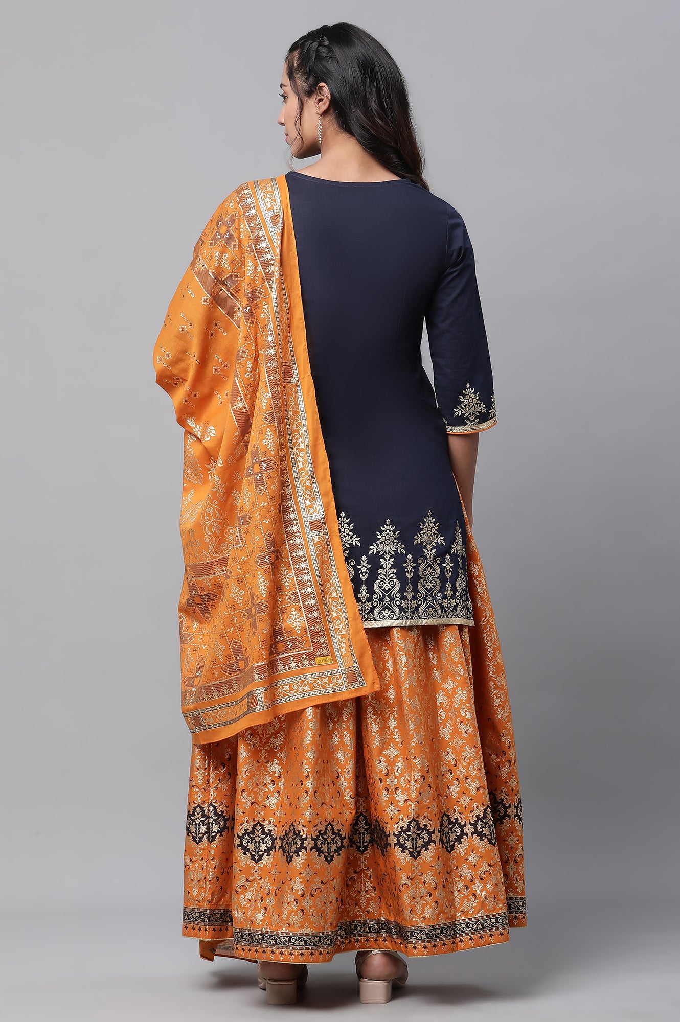 Blue Festive Short Kurta, Orange Crinkle Skirt and Dupatta