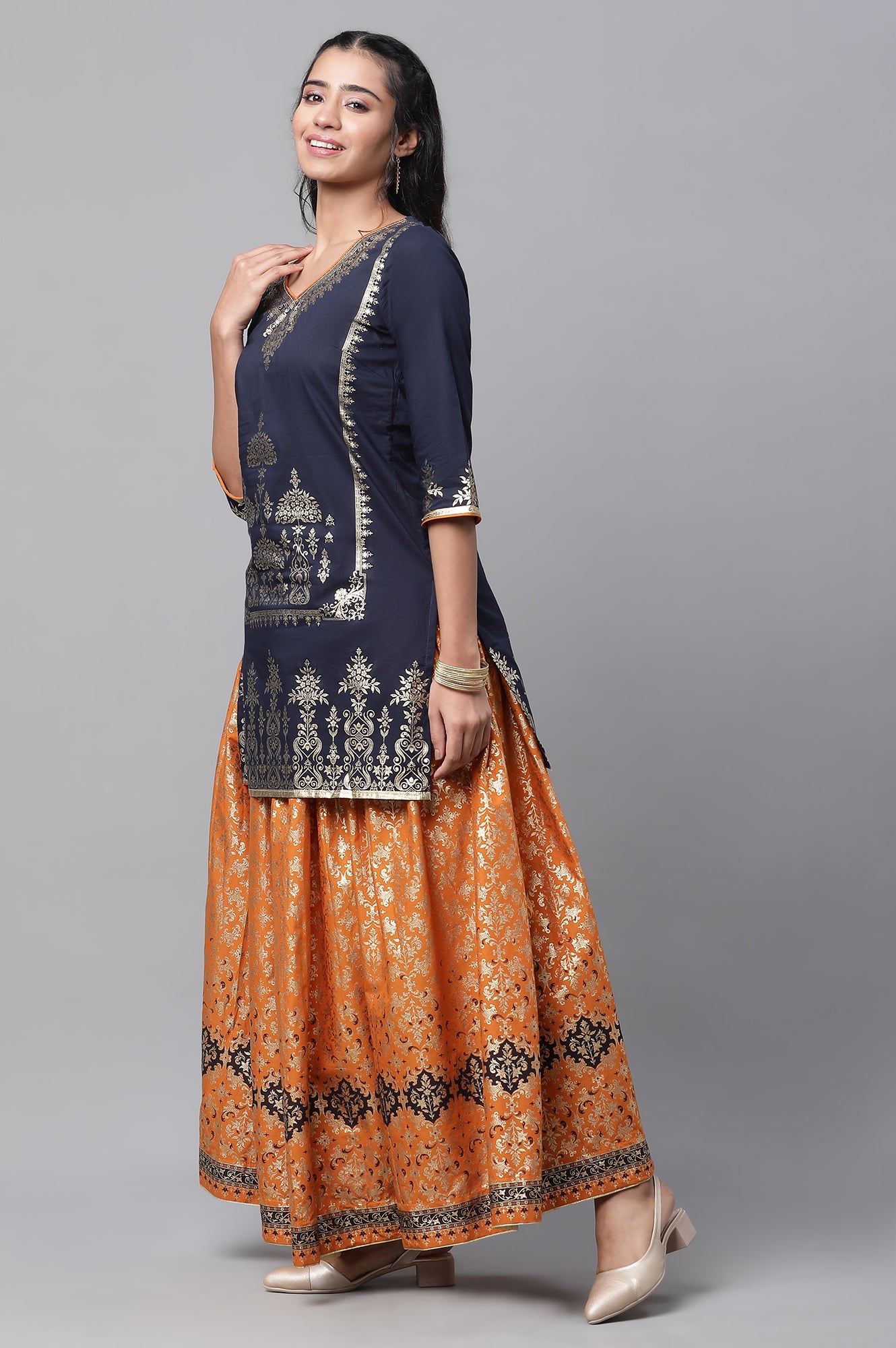 Blue Festive Short Kurta, Orange Crinkle Skirt and Dupatta