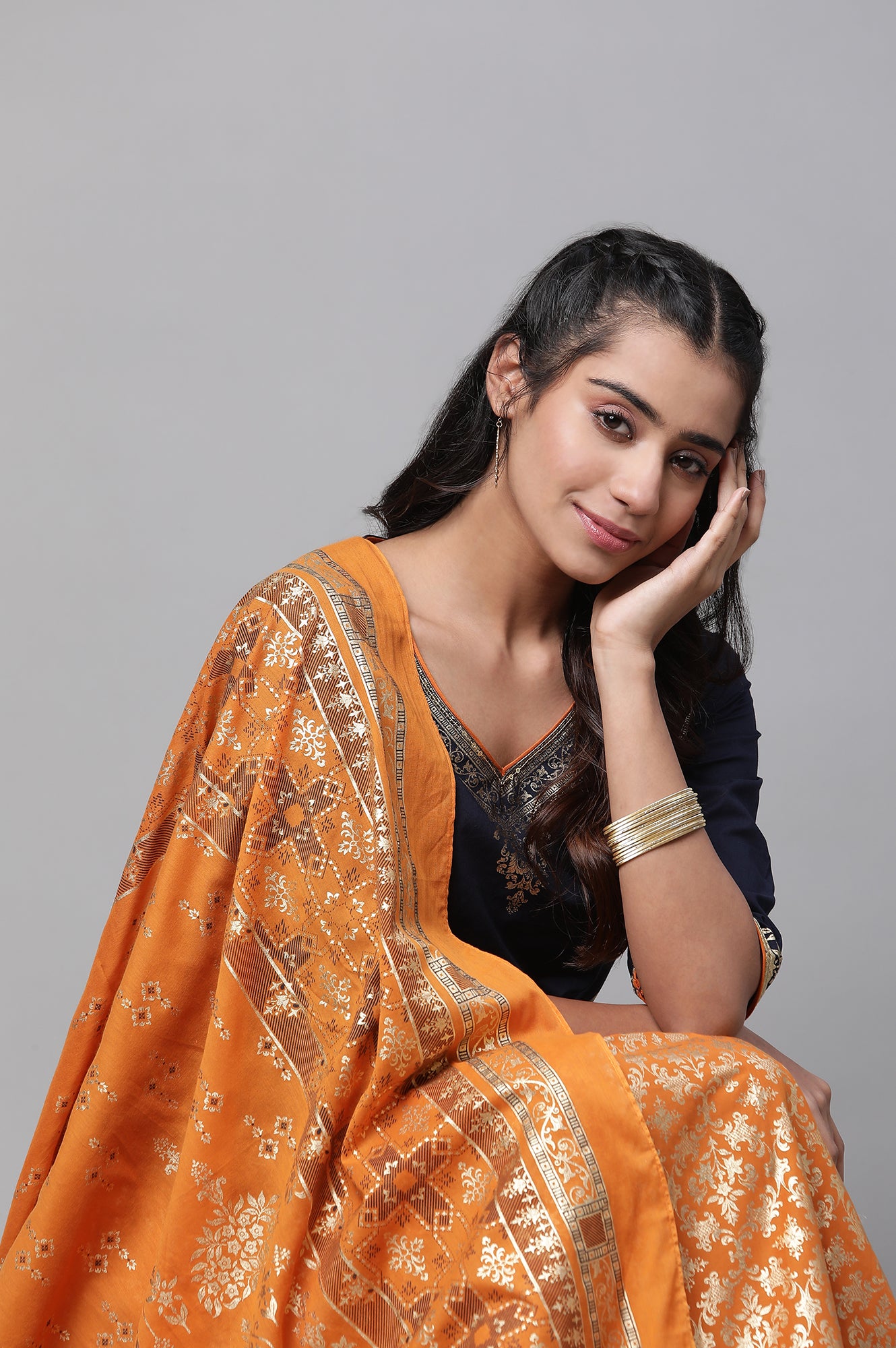 Blue Festive Short Kurta, Orange Crinkle Skirt and Dupatta