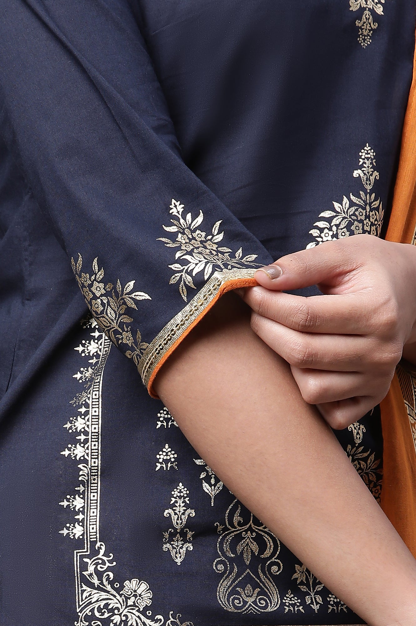 Blue Festive Short Kurta, Orange Crinkle Skirt and Dupatta