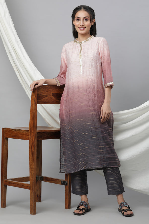 Pink Ombrey Sequined Straight Kurta and Trouser Co-ord Set