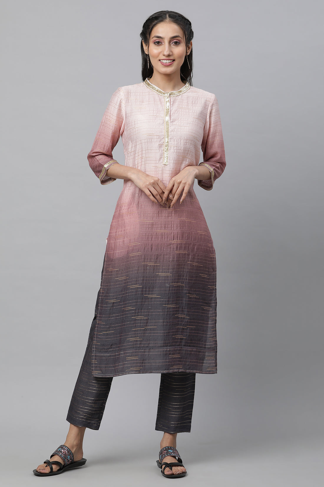 Pink Ombrey Sequined Straight Kurta and Trouser Co-ord Set