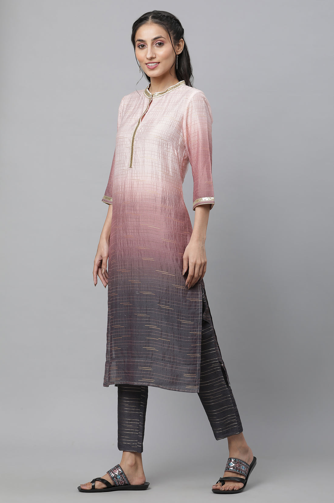 Pink Ombrey Sequined Straight Kurta and Trouser Co-ord Set