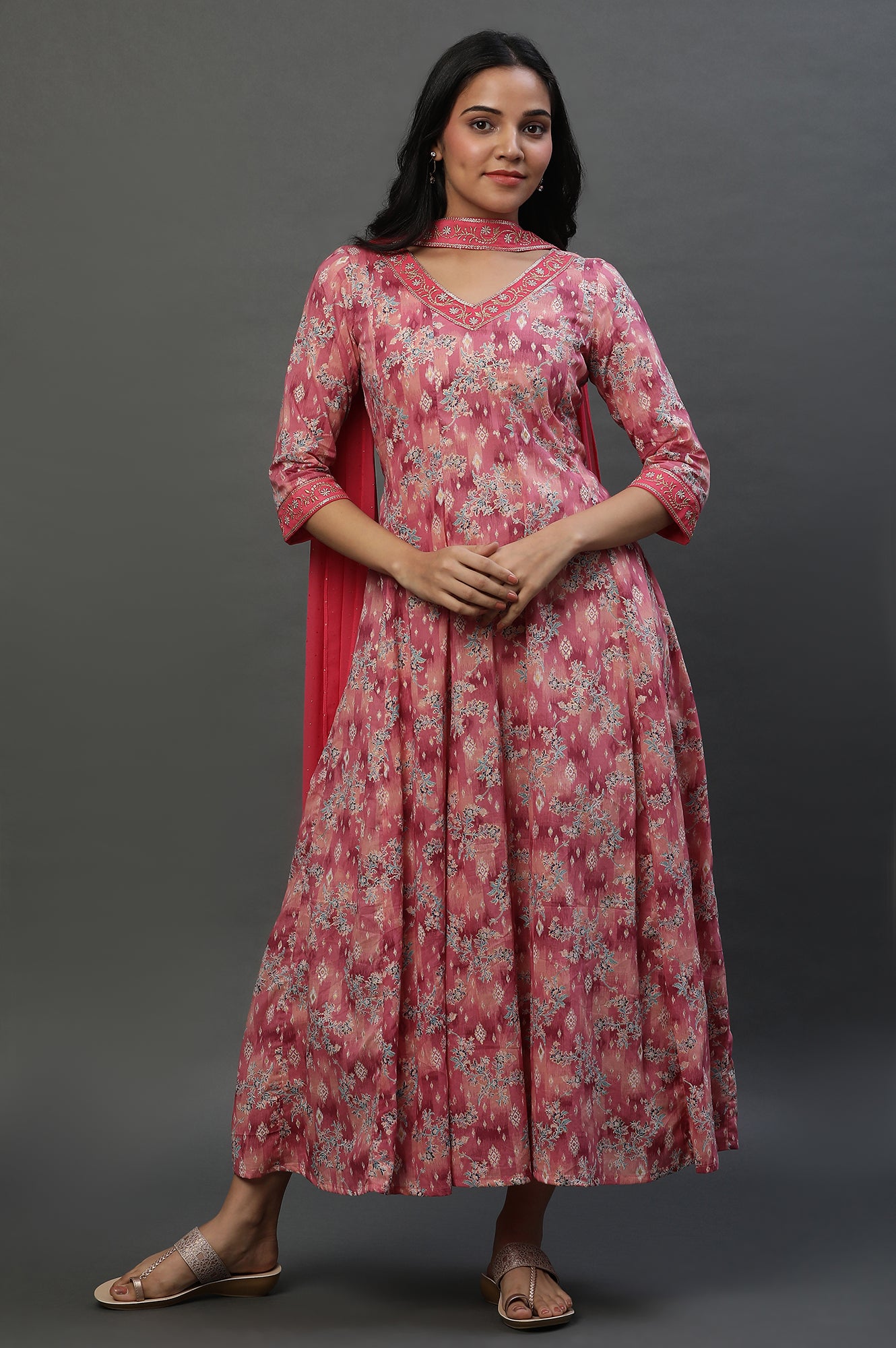 Pink Floral Printed Anarkali Dress with Choker Dupatta