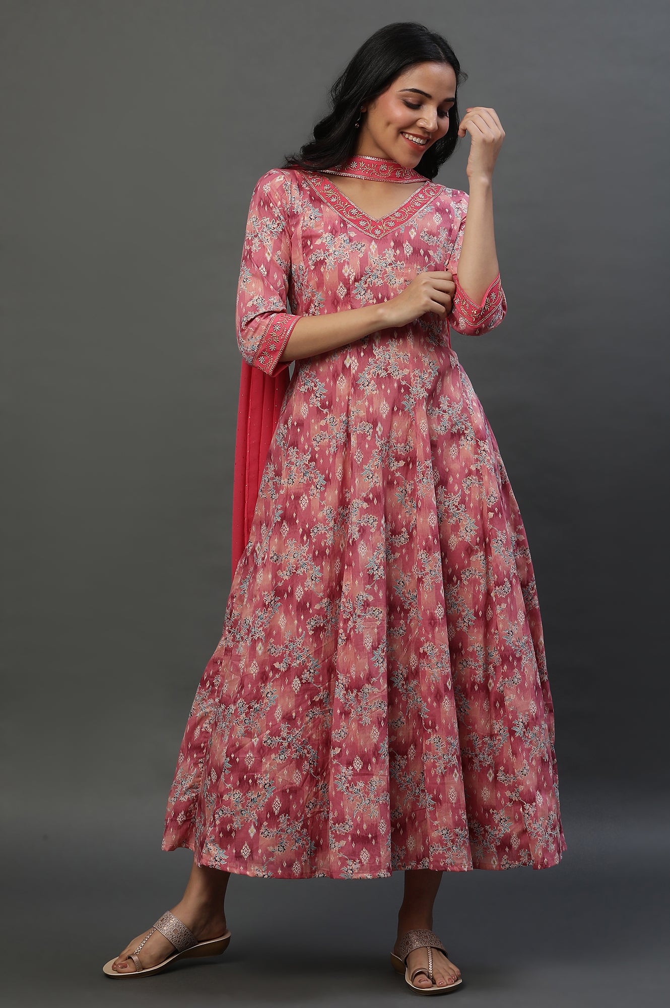 Pink Floral Printed Anarkali Dress with Choker Dupatta